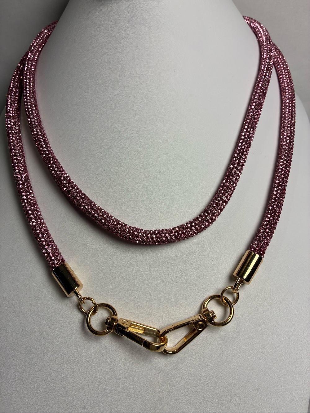 Sparkling Pink Crystal Rope Lanyard Crossbody Purse Strap with Gold Hardware